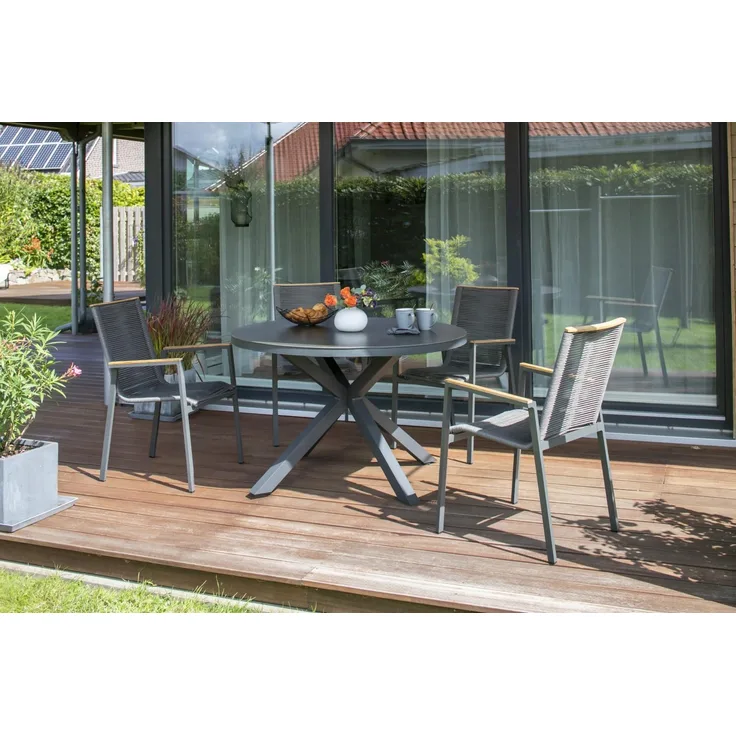 Gartenmöbelset Tisch Malaga, 4er Set Dining Stapelsessel Alicante Rope