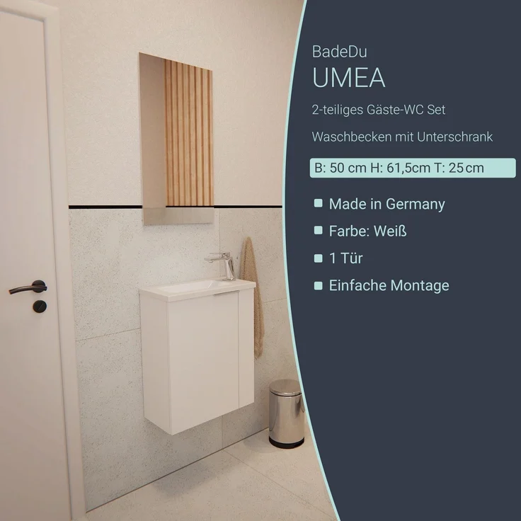 BADEDU UMEA Gäste WC Waschtisch Set 50 cm breit, Weiß, Waschbecken Gussmarmor Weiß – Bild 2