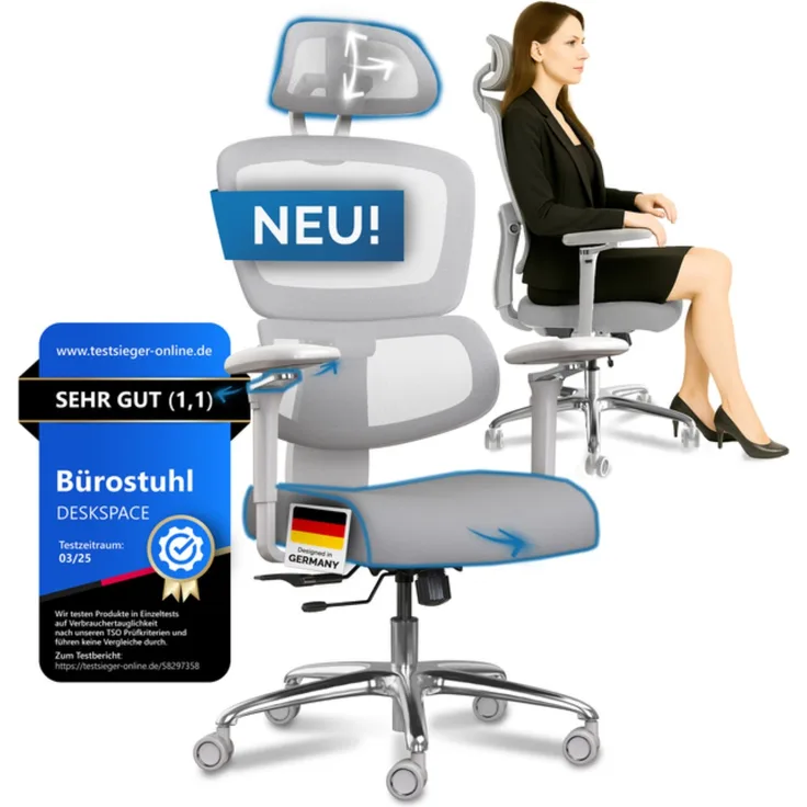 DESKSPACE Move Pro Ergonomischer Bürostuhl - Höhenverstellbarer Drehstuhl 3-stufiger Neigung Schreibtischstuhl, Bürodrehstuhl 150 kg Grau