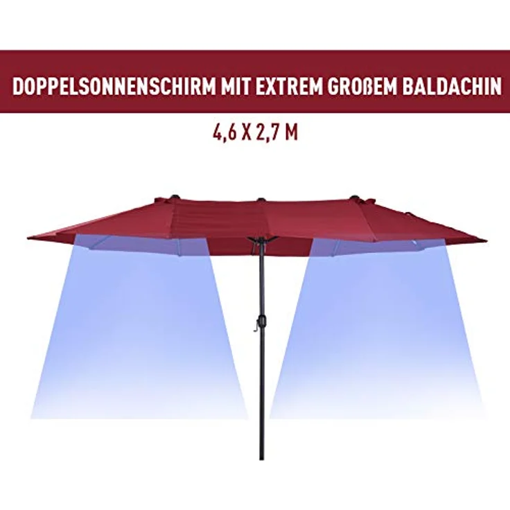 Outsunny Doppel-Sonnenschirm, Weinrot, Metall, 270x460 cm, stabiler Sonnen- & Sichtschutz mit Handkurbel – Bild 4
