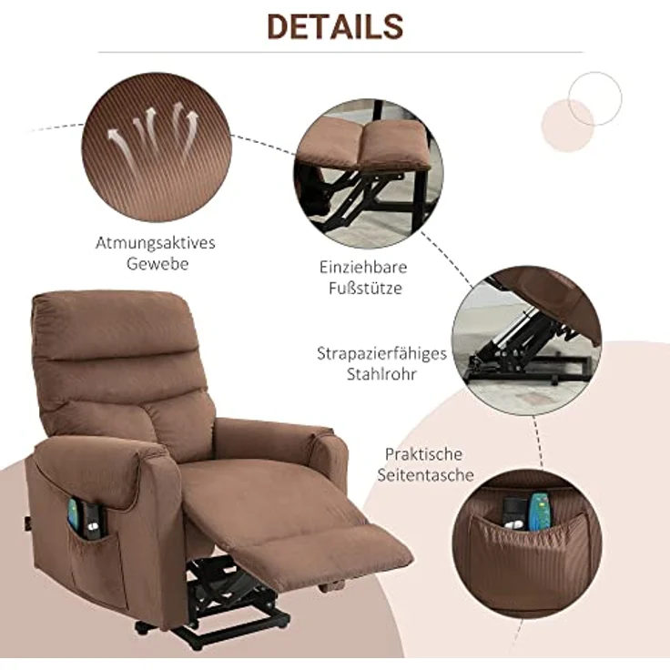 HOMCOM Massagesessel Aufstehsessel (Set, 1-St, Massagesessel), Massagesessel mit Liegefunktion, Braun – Bild 6
