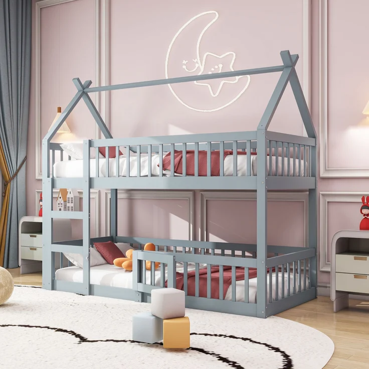 Hochbett Mit Spielebene Grau 90x200 Holz Metall Sicherheitsgeländer Treppe 120kg Tragkraft Kinderzimmer Spielbett Schlafbereich Multifunktional – Bild 3