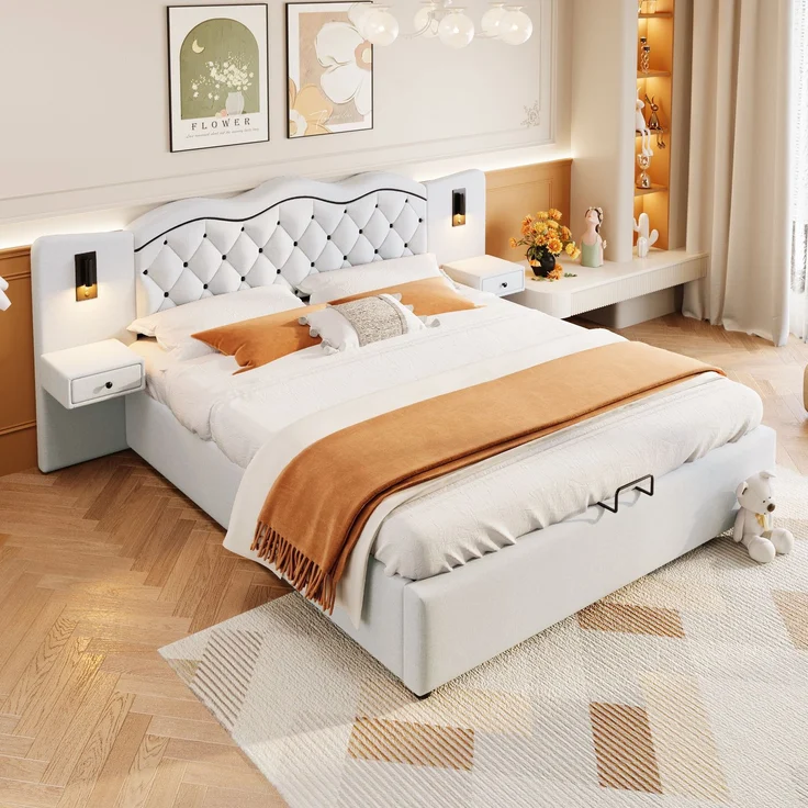 Polsterbett 180x200 cm, Doppelbett mit hydraulischem Hebemechanismus und Stauraum, integriertes Kopfteil mit Beleuchtung,Beige – Bild 2
