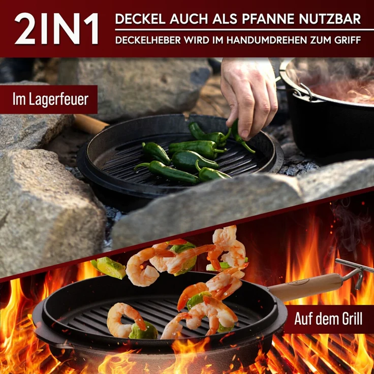Gusseisen Set 10-teilig in Holzbox – Dutch Oven 4,5 l, Pfanne Ø 26 cm, Grillplatte, Zubehör & Rezeptbuch, ideal für Grill & Outdoor – Bild 11
