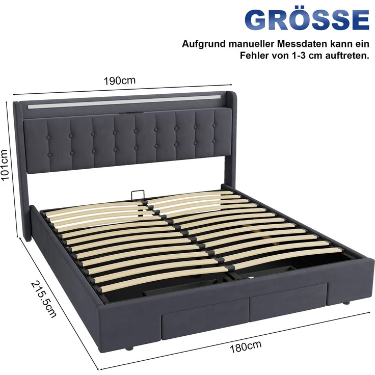 Polsterbett 180 x 200 cm, Samt, mit Bettkasten, Schubladen, USB-Anschluss und LED-Beleuchtung, Dunkelgrau – Bild 5