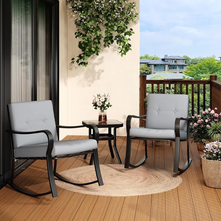GarveeHome 3-teiliges Bistro-Set für den Außenbereich – 2 Schaukelstühle mit warmgrauen Kissen & Glastisch, Gartenmöbel-Set für Garten, Terrasse, Pool und Balkon (Grau) – Bild 8
