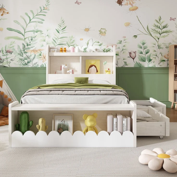 Kinderbett / Einzelbett Stauraumbett 230×98×100 cm (L×B×H) – Massivholz & MDF mit Lattenrost, Liegefläche 90×190 cm, Weiß + Light Oak – Bild 6