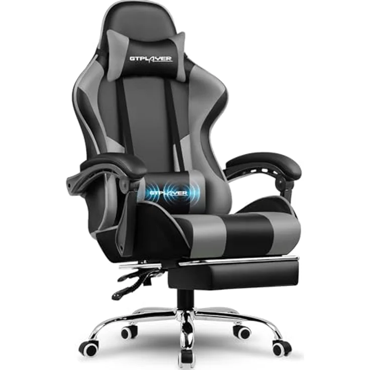 GTPLAYER Gaming Stuhl, Bürostuhl, Ergonomischer Pc Stuhl, Gaming Sessel mit Massagelendenwirbelstütze, Task Stühle mit Fußstütze und Kopfstütze, Grau Kunstleder – Bild 2