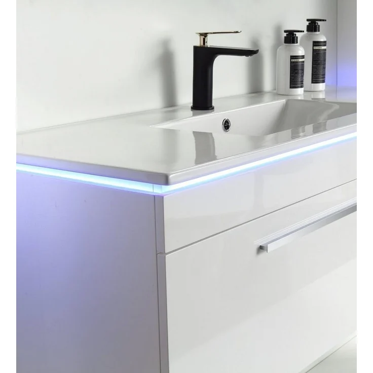 Faizee Möbel Badmöbel-Set Badmöbel set, Weiß komplett 5TLG 90/120 cm, (Komplett-Set, 5-St), LED-Spiegel mit Touch Badmöbel-Set VORMONTIERT Hochglanz lackiert – Bild 3