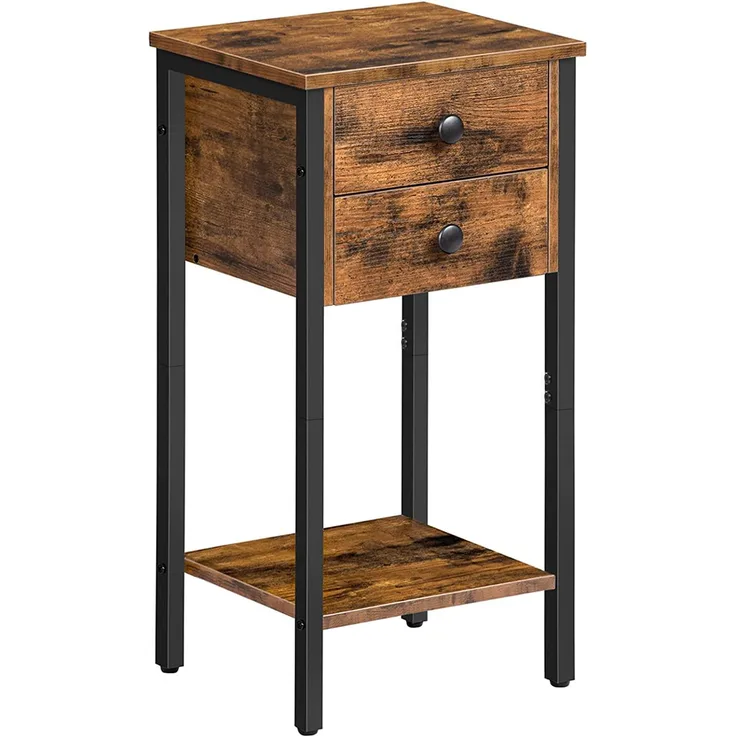 HOOBRO Beistelltisch mit Schubladen, Nachttisch, Hoher Sofatisch, Wohnzimmertisch mit Ablageflächen, Großer Stauraum, Metallgestell, Robust und Stabil, Platzsparend, Dunkelbraun EBF72BZ01