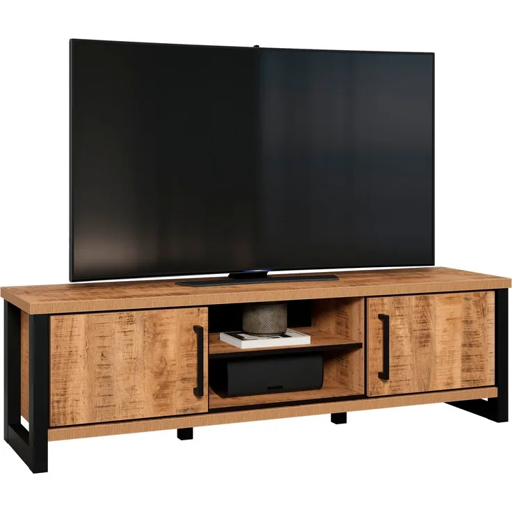 trendteam smart living - Enna - TV-Schrank - Mango/Schwarz - TV-Lowboard mit 2 Türen, 2 offene Fächer und 3 Einlegeböden - (BxHxT) 166 x 50 x 45 cm - Wohnzimmermöbel für Fernseher bis 65"