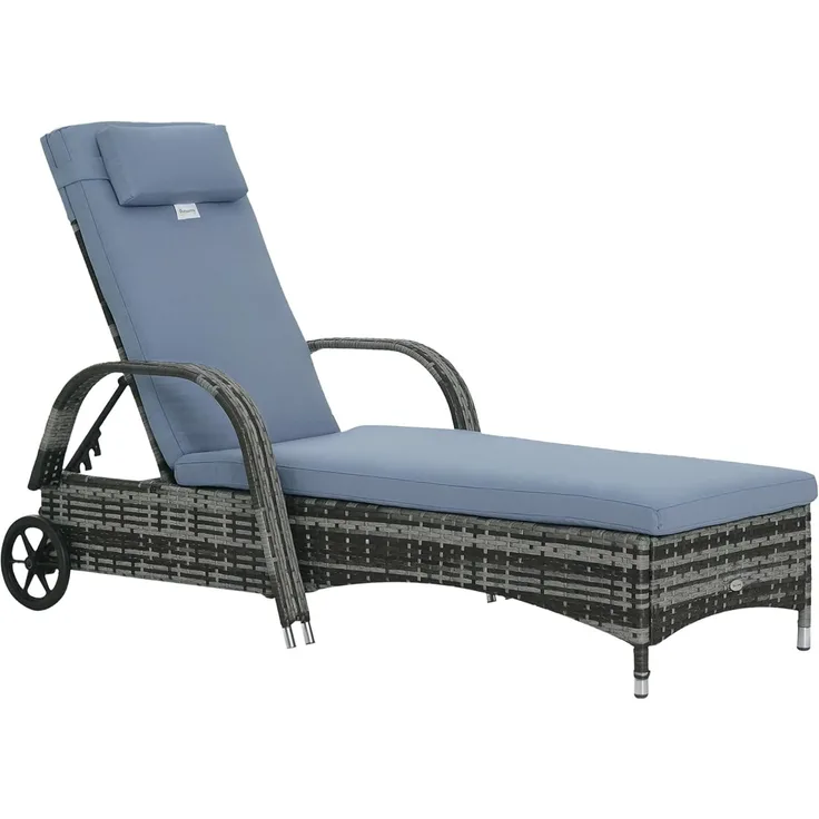 Outsunny Gartenliege Sonnenliege Rattanliege Gartenmöbel Liege mobil mit Kissen und Rollen, Polyrattan+Metall, Grau, 200 x 73 x 30-103cm