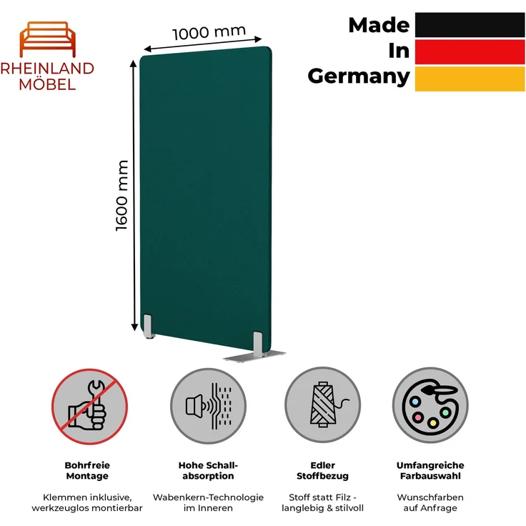 Rheinland Möbel FocusWall STW1016 – Akustik-Stellwand 1000×1600 mm in Stofffarbe Montserrat inkl. Standfüßen – Schreibtisch-Trennwand für Büro & Homeoffice – Schallschutz – Made in Germany – Bild 2