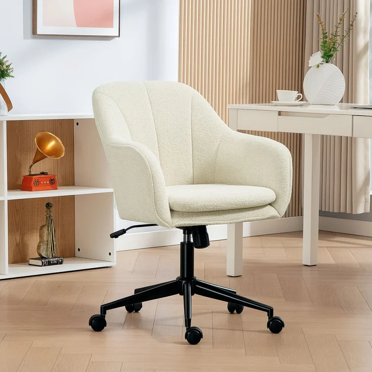 MELAYR, Bürostuhl mit Stoffbezug in Schneeflanelloptik, Schminkstuhl mit gewölbter Rückenlehne, 63 x 60 x 94 cm, Beige – Bild 3