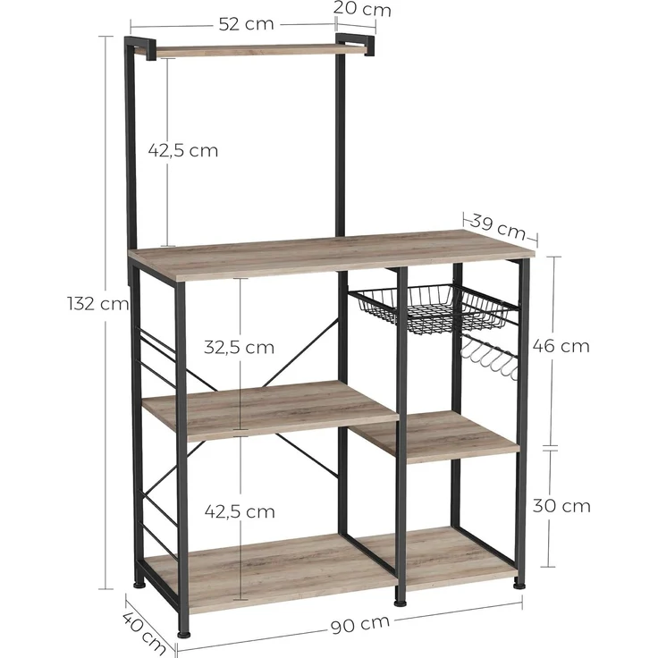 Vasagle Küchenregal, Standregal mit Metallkorb, Bäckerregal mit 6 S-Haken und Regalablagen, Mikrowellenregal, Gewürzregal, für Töpfe und Pfannen, Industrie-Design, Greige-schwarz von Songmics KKS035B02 – Bild 5