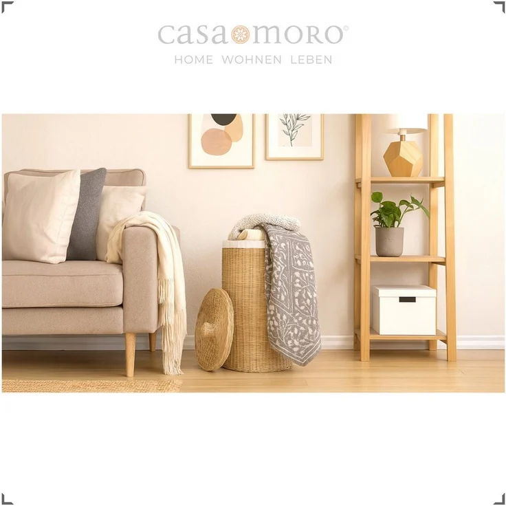 Casa Moro Wäschekorb aus Rattan mit Deckel, Natur, 75 L (1 St, Ø 40 cm, Höhe ohne Deckel 60 cm), Baumwollbeutel herausnehmbar und bei 30 °C waschbar – Bild 4