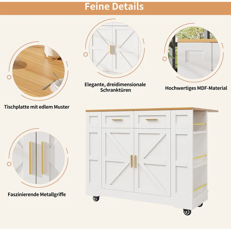 Servierwagen Kücheninsel Weiß, ausziehbar mit Schubladen & Ablage, multifunktional als Esstisch, Beistelltisch oder Küchenwagen, 90cmx120cmx40-65cm – Bild 6