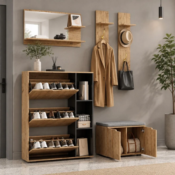 Garderoben-Set 150 x 35 x 161,5 cm mit Spiegel, Schuhschrank und gepolsterter Schuhbank – Bild 3