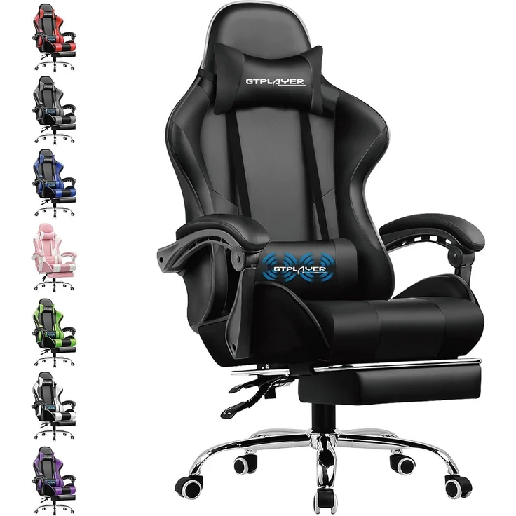 GTPLAYER Bürostuhl Gaming Stuhl Massage Gaming Sessel Ergonomischer Gamer Stuhl mit Fußstütze, Kopfstütze Massage-Lendenkissen, Gepolstert Gaming Chair, Drehsessel schwarz