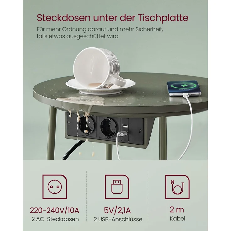 VASAGLE Beistelltisch mit Korb aus Stoff, Holzspanplatte, Ø 45x50 cm, Waldgrün / Cremeweiß, mit Ladestation – Bild 2