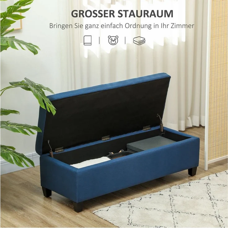 HOMCOM Sitzbank mit Deckel, Leinenoptik (Bettbank, 1-St, Polsterbank mit Stauraum), für Wohnzimmer, Schlafzimmer, Blau, 125 x 49 x 41,5 cm – Bild 3