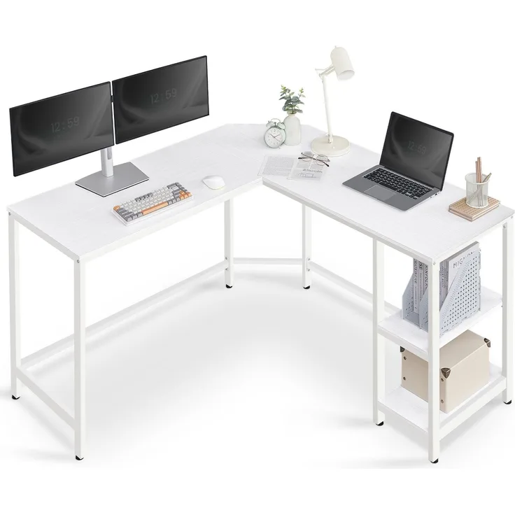 VASAGLE L-förmiger Eckschreibtisch mit 2 Ablagen, Industrie-Design, Ahornweiß, 138x138x76cm