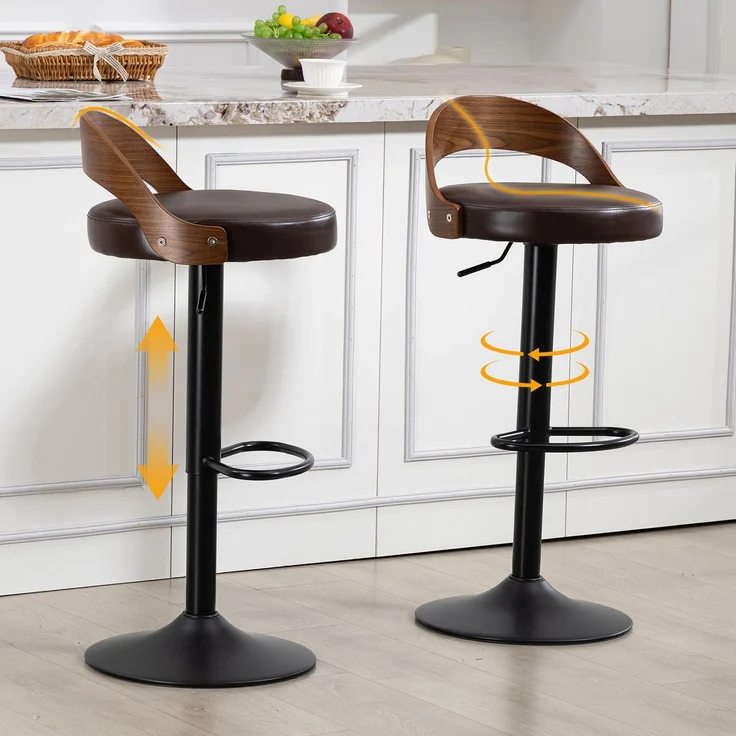 LVHOM Barstuhl 2er Set, 360° drehbarer Barhocker mit Rückenlehne und Fußstütze, höhenverstellbarer Tresenhocker aus Bugholz & PU-Leder, Braun – Bild 1
