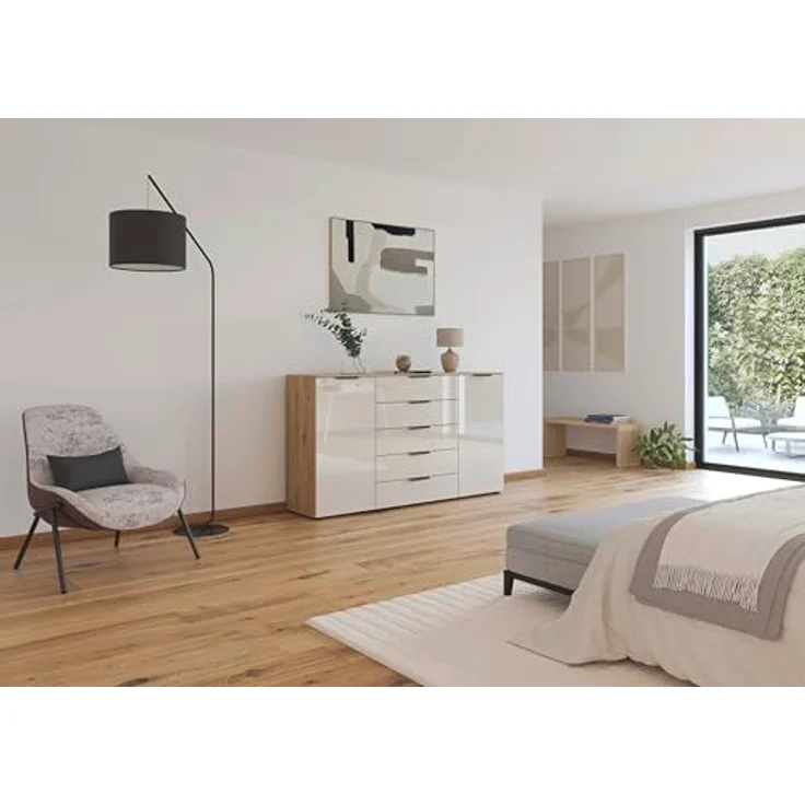 Rauch Möbel Flipp, Kommode für Schlafzimmer, Kinderzimmer, Wohnzimmer, Jugendzimmer, Flur, Garderobe, 2-türig, 5 Schubladen, mit Softclose-Funktion, Farbe Eiche Artisan, Holz/Glas Beige, Breite 180 cm – Bild 3