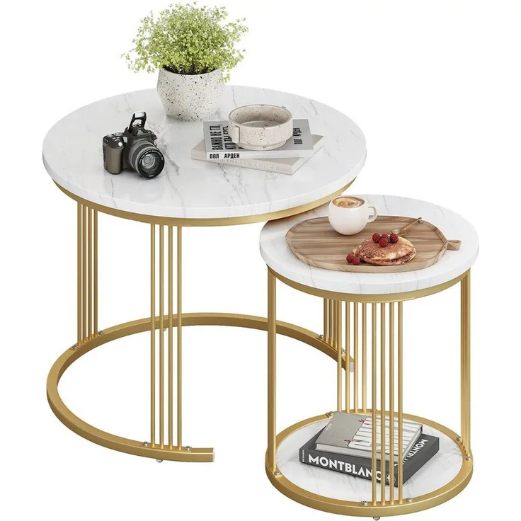 Dripex Couchtisch Couchtisch Set 2er rund, Marmor-Metall, Nesting mit Stauraum, Weiß