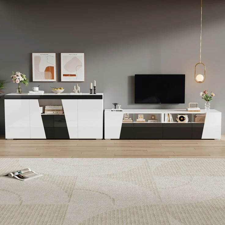ZUBALIYA Wohnzimmerset 180x38,5x45 cm, mit LED-Beleuchtung, Hochglanz, aus Spanplatte, Weiß – Bild 2