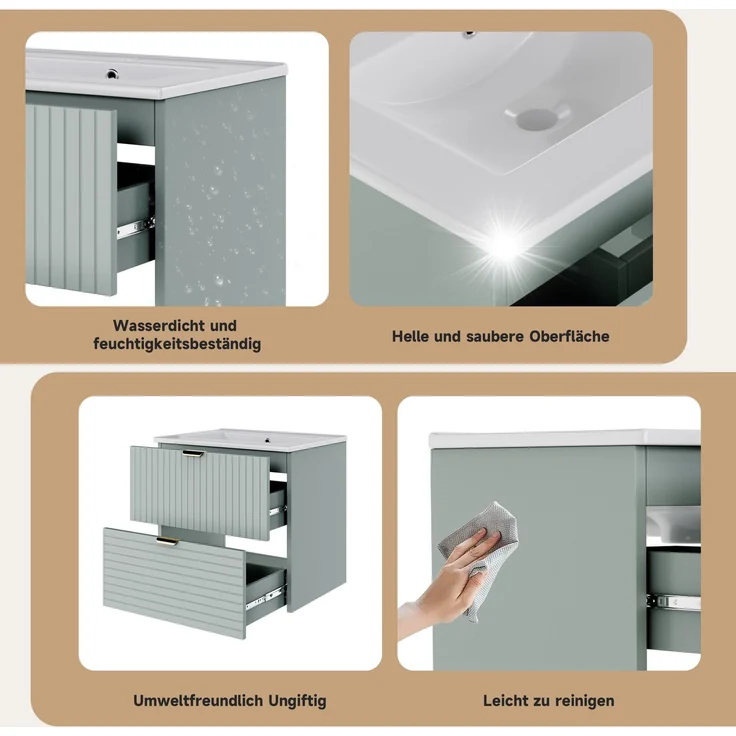 Wandhängender Waschtisch 61 x 46 x 57 cm mit Keramikbecken und zwei Schubladen – Mintgrün – Bild 6