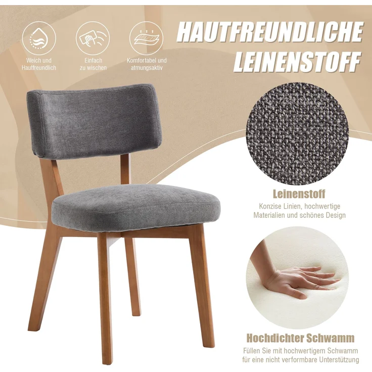LVHOM 2er Set Esszimmerstühle Leinenstoff, Polsterstuhl aus Massivholz, belastbar bis 200 kg, Stuhl für Esszimmer, Homeoffice & Wohnzimmer, Grau – Bild 3