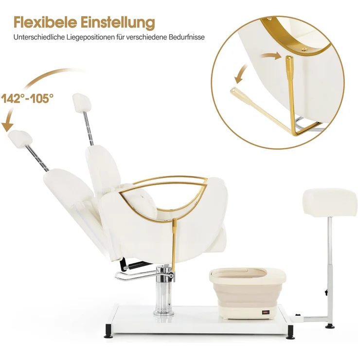 BarberPub Pediküre Stuhl mit Fußbadewanne & Pediküre Hocker, Friseurstuhl mit Goldlackierten Armlehnen, Höhenverstellbar & Kippbar, Fußpflegestuhl für Nagelstudio F0325 (Gold-Weiß) – Bild 4