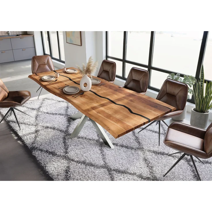Baumtisch Akazie 240x100x74 natur lackiert / Epoxid schwarz, Kreuzgestell silber matt EPOXY – Bild 3