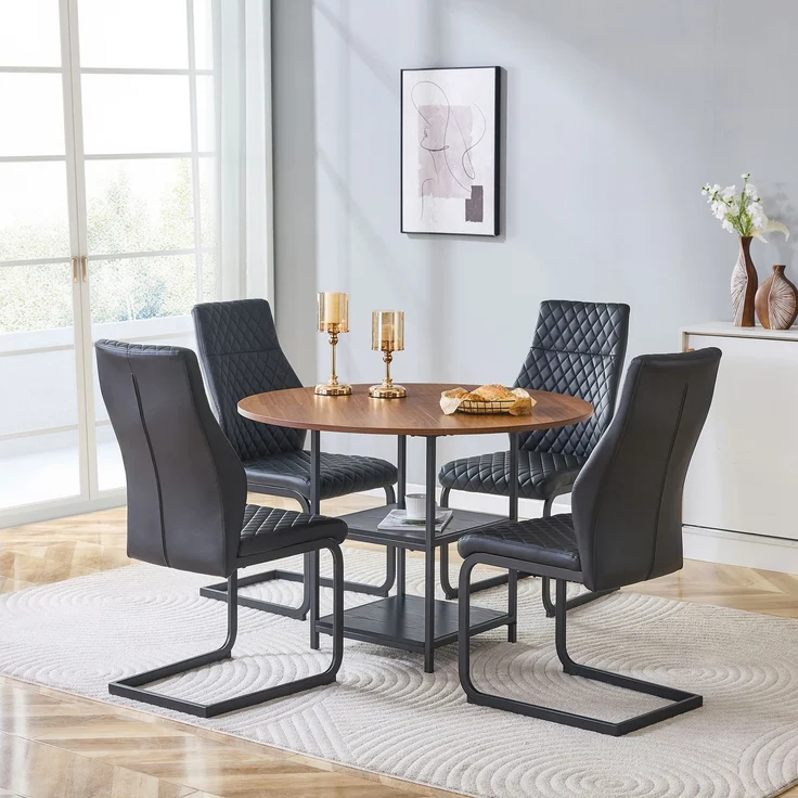 Esstischgruppe H 75 x T 107 x B 107 cm mit 4 Stühlen, MDF-Metall in Nussbaum-Optik, doppelte Ablage, schwarz – Bild 2