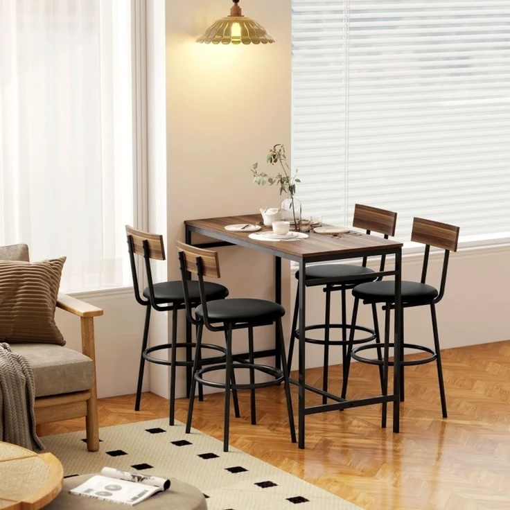 Bartisch-Set 110x55x90 cm in Braun mit 4 gepolsterten Kunstleder-Barhockern – Bild 3