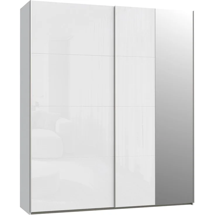 Forte FITTIO Kleiderschrank 200, moderner Schwebetürenschrank, 2-türig, Kleiderstange, Einlegeböden, Spiegel, Schlafzimmer, Holzwerkstoff, Weiß Hochglanz, 200,1 cm breit x 235 cm hoch x 61,2 cm tief – Bild 4