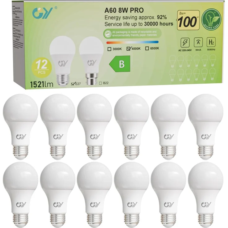 GY E27 Led Neutralweiss Glühbirne, 8W 1521LM Energiesparlampe, Ersetzt 100W lampen, Energieeffizienzklasse B, A60 Led Neutralweiß, Abstrahlwinkel 360°Leuchtmittel, Nicht Dimmbar, 12 Stück