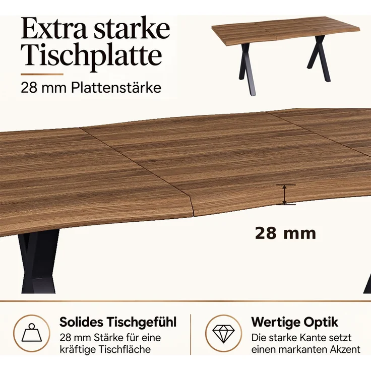 Merax Esstisch 160*78*75cm, geeignet für 4-6 Personen, Wellenförmiges Tischplattendesign, verdickte Tischplatte, X-förmige Eisenbeine, Walnussholzfarbe – Bild 6