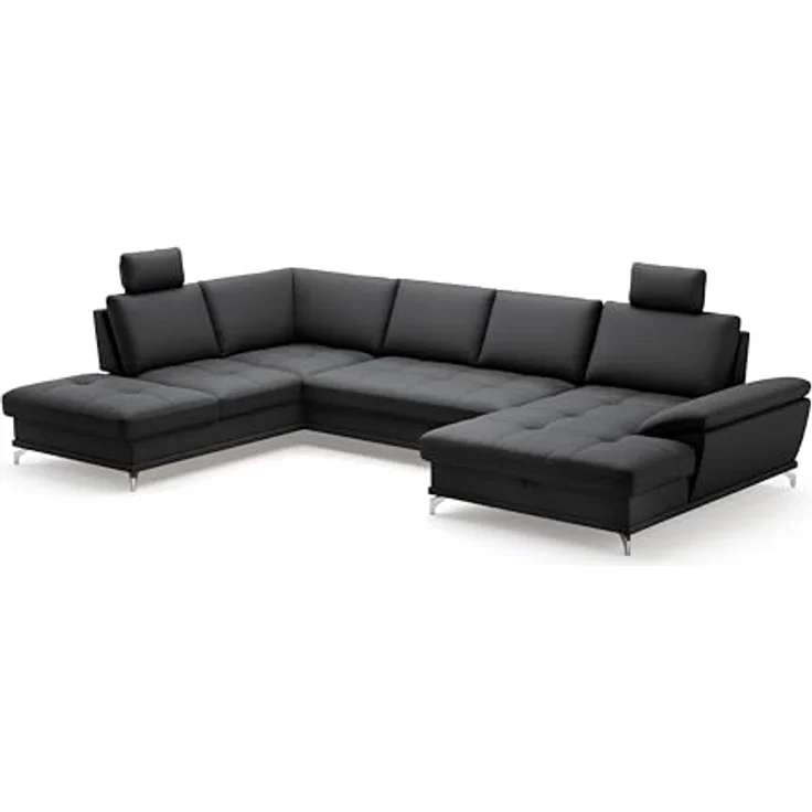 Cavadore Wohnlandschaft Castiel mit Federkern / Sofalandschaft mit großem Longchair, Sitztiefenverstellung, Kopfstützen und satinierten Metallfüßen / 363x89-104x223 / Echtleder, Schwarz – Bild 2
