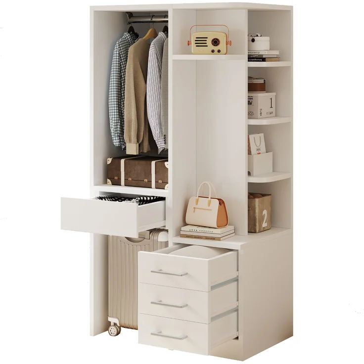Kleiderschrank 70x45x135 cm in Weiß mit offenem Hängebereich und Schubladen – Bild 7