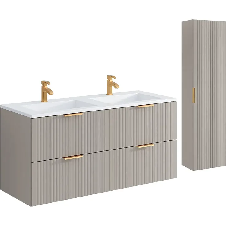 Vente-unique - Waschbeckenunterschrank hängend mit Ablagen & Einbauwaschbecken - Streifenoptik - Beige - 120 cm - ZEVARA