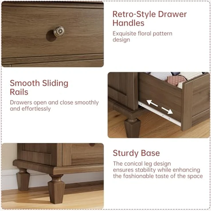 IDEALHOUSE Vintage Kommode mit 4 Schubladen, Holz-Schubladenschrank mit 2 kleinen & 2 großen Schubladen, Geschnitzte Griffe & konische Beine, Hellbraun – Bild 8