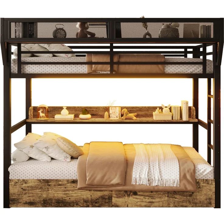 Etagenbett, 90 x 200 cm, Eisenbett, Ablagebord, Aufbewahrungskorb, 2 Eisenschubladen, LED-Licht,ohne Matratze, Schwarz – Bild 7