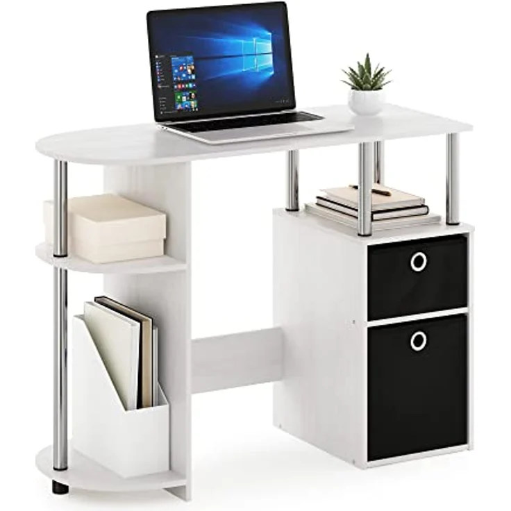Furinno JAYA Simplistisch Computer-Schreibtisch mit Schubladen, Weiße Eiche/Chrom/Schwarz – Bild 2