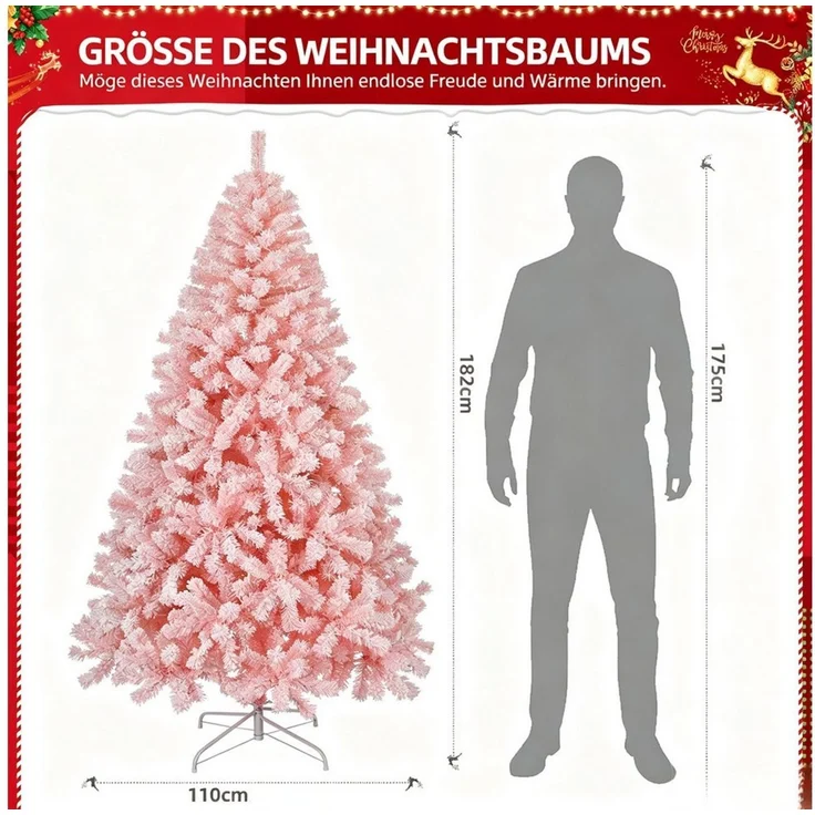 VINGLI Künstlicher Weihnachtsbaum mit Lichtern, Weihnachtsdeko mit Metallständer, für innen & Außen, 100 LEDs, Warmweiß, Batteriebetrieben, 750 Zweigspitzen, 180 cm, Rosa – Bild 2