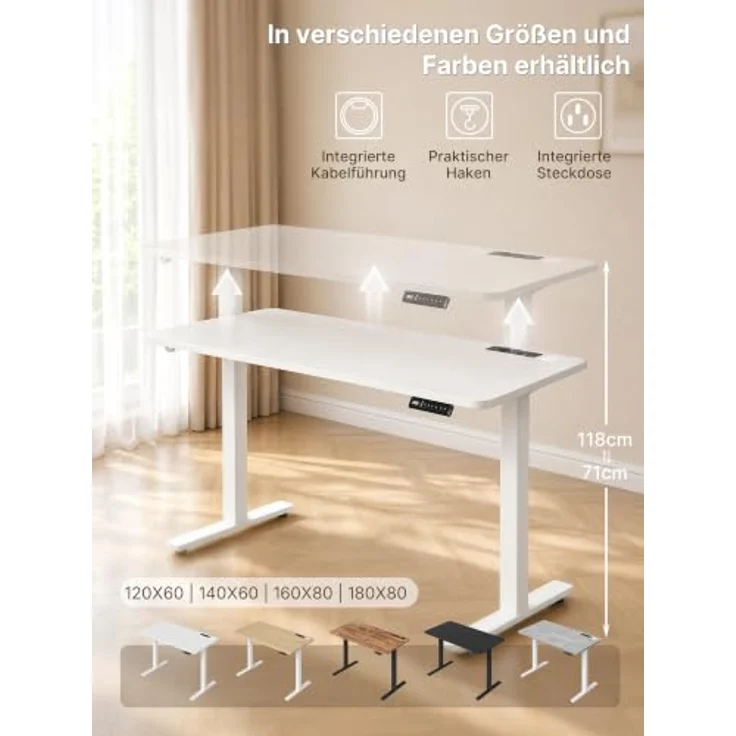 JUMMICO Höhenverstellbarer Schreibtisch 140x70 cm mit Steckdose | Schreibtisch Höhenverstellbar Elektrisch Stehtisch, Steh-Sitz Tisch, Bürotisch Computertisch, Wolkenweiß – Bild 3