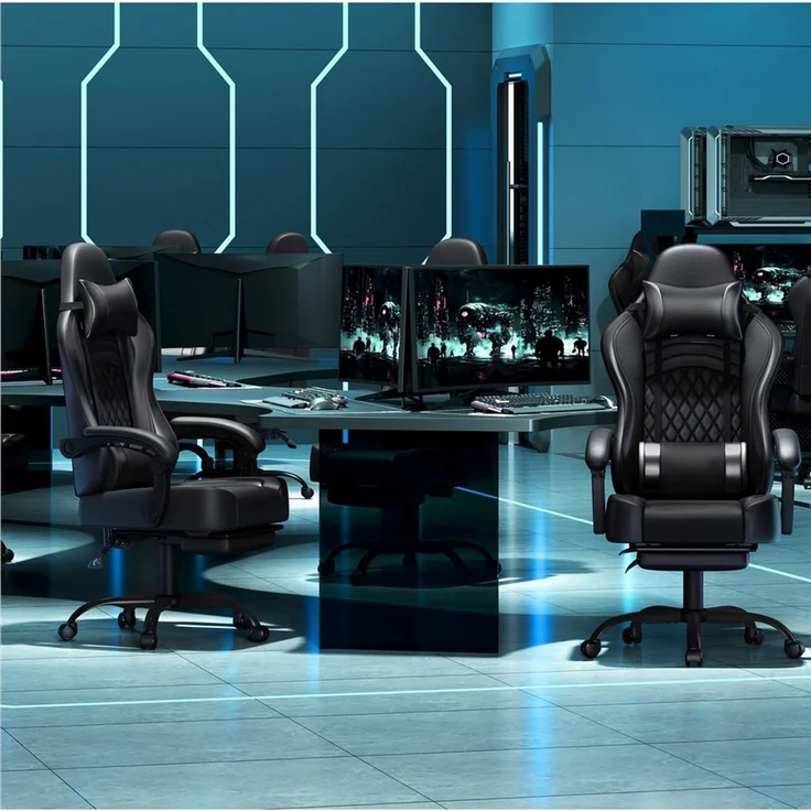 Yaheetech Gaming-Stuhl mit Massagefunktion & Kopfstütze & Fußstütze Ergonomischer PC-Stuhl, höhenverstellbarer Drehstuhl Computerstuhl Verstellbare Rückenlehne, Kunstleder Schwarz, 72 × 72 × 124,5–134 cm – Bild 2