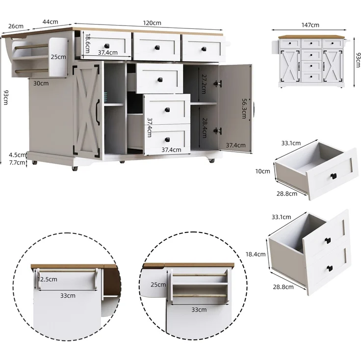 Servierwagen aus MDF mit Klappfunktion & Stauraum, 147x44/70x93 cm, Weiß – Bild 9