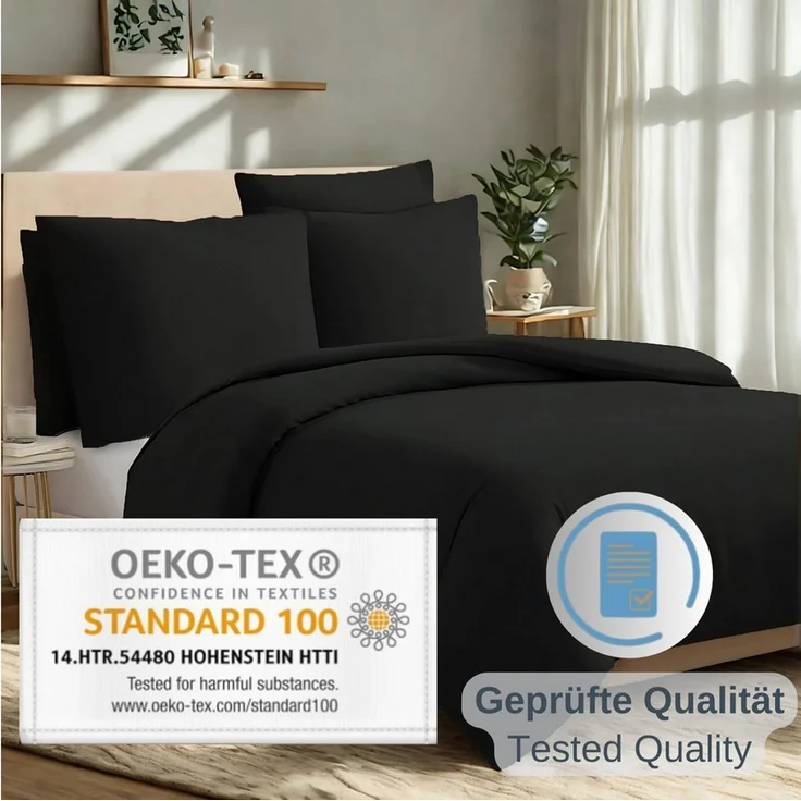 Komfortec Premium Bettwäsche 240x220 mit 2 Kissenbezug 80x80 cm Set aus Gebürstetes Mikrofaser - Schwarz